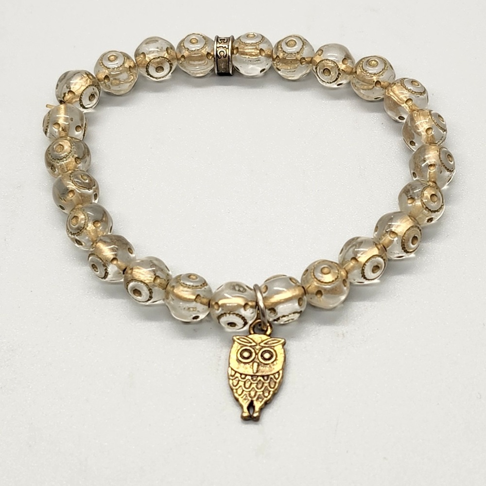 Signed CFC Chavez for Charity Owl Charm Clear BOHO Beaded Stretch Bracelet
